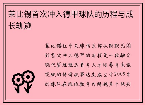 莱比锡首次冲入德甲球队的历程与成长轨迹